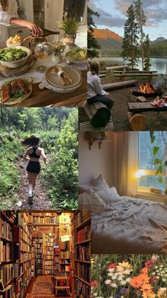 a collage of photos with books and food