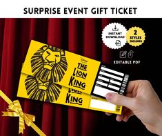 the lion king movie ticket is being held up by someone's hand with a yellow ribbon