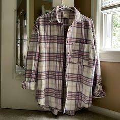 Brand New, Never Worn, Flannel Jacket From Style Rack, Size Small. Cream With Pink And Purple Flannel Pattern. White Cotton Flannel Shirt For Fall, Spring Flannel Outerwear With Long Sleeves, Everyday Long Sleeve Flannel Outerwear, White Cotton Casual Shacket, Everyday Flannel Button-up Outerwear, Everyday Button-up Flannel Outerwear, White Collared Flannel Shirt For Fall, White Collared Shacket For Everyday, Everyday Plaid Long Sleeve Outerwear