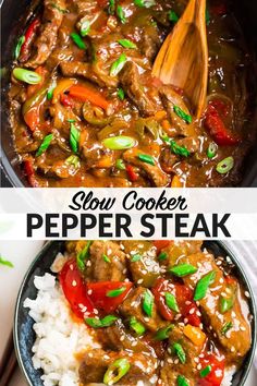 slow cooker pepper steak in a skillet with rice