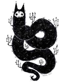 a black and white drawing of a cat with its tail curled in the shape of a snake