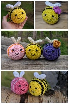 crocheted bees are sitting on top of each other, and one is smiling