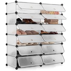 an over the door shoe rack holds several pairs of shoes and two bins for storage