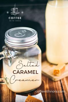 salted caramel creme in a glass jar next to a bottle of milk