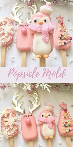 popsicle molds decorated with pink frosting and white icing are on sticks