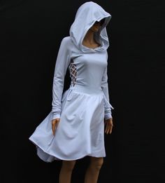 Hoodie dress with high low skirt and lace up side. Details: - Stretch cotton jersey knit fabric - High low circle skirt - Row edge - Oversized hoodie - Long sleeves - Lacing in the two sides (tighten or loosen the dress) - Slips on - 95% cotton, 5% Lycra (light weight) - Machine wash, hand dry, no ironing needed SIZE XS (US S 0-2, UK 6-8, Italian 36-38, French 32-34) Bust: fits bust around 32-33 Waist: fits waist around 24-25 Hips: fits hips around 35-36 SIZE S(US S 4-6, UK 10-12, Italian 40-42, High Low Dress Casual, Low High Dress, Fresh Clothes, Dress High Low, Clothes Reference, Lace Up Dress, Hoodies For Women, Hooded Dress, Dress Images