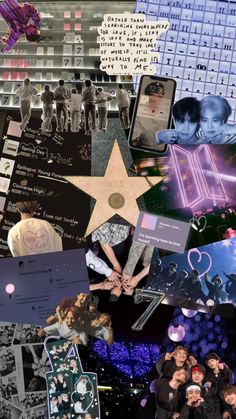 the collage has many different pictures and words on it, including one with a star