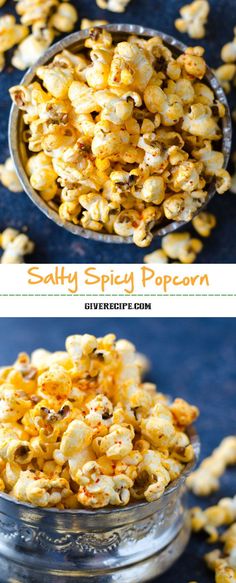 two pictures showing the process of making salty spicy popcorn