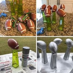 there are three pictures of different sports items on the table and one is green bottles with footballs in them