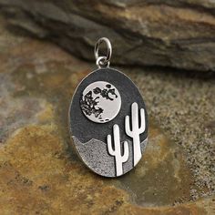 Oval Sterling Silver Full Moon with Cactus Pendant 26 x 15 mm Cactus Necklace, Desert Scene, Desert Life, Feather Charms, Moon Charm, Anything Is Possible, Letter Charms, Sterling Silver Charm, Gifts For Mum