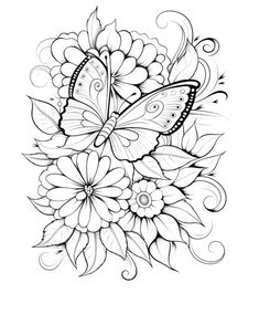 a black and white drawing of flowers with butterflies on it's wings, in the middle