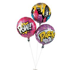 three balloons with the words powi and party written on them are shown in front of a white background