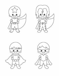 four different types of superheros are shown in this coloring page for the children's book