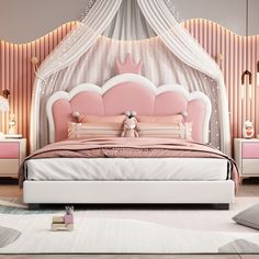 a pink and white bedroom with a bed, nightstands, lamps and curtains on the walls