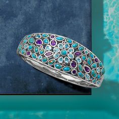 Ross-Simons - 4.80ct t. w. Multi-Gemstone, Turquoise Bangle Bracelet. 8". This cool-toned bangle bracelet will add an artistic flair to your favorite outfits. An eye-catching palette of multi-shaped turquoise cabochons, Swiss blue topaz, amethysts and rhodolite garnets, totaling 4.80 carats, is set in sterling silver. Hinged. Push-button clasp, multi-gemstone and turquoise bangle bracelet. Blue Topaz birthstones are the perfect gift for December birthdays. Topaz Birthstone, December Birthday, Rhodolite Garnet, Swiss Blue Topaz, Blue Topaz, Garnet, Bangle Bracelets, Topaz, Favorite Outfit