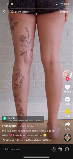 the back of a woman's legs with tattoos on them and an image of flowers