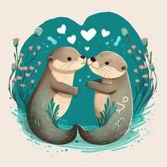 two otters hugging each other with hearts in the background