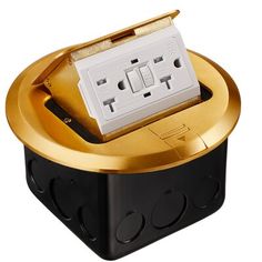 an electronic device is sitting on top of a black and gold stand with two outlets