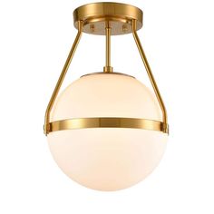 a light fixture with a white glass ball on the bottom and gold trimmings