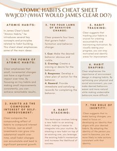 Creating healthy and adaptive habits can improve many layers of an individual's quality of life. In James Clear's book "Atomic Habits," he introduces several key concepts and principles related to habit building. This cheat sheet emphasizes some of the main ideas that Clear outlines in his bestselling book. Atomic Habits Journal, 2 Minute Rule Atomic Habits, Atomic Habits Cheat Sheet, Building Healthy Habits, Atomic Habits Worksheets, Atomic Habits Book Quotes, Getting Your Life Together Aesthetic, Atomic Habit, Atomic Habits Book