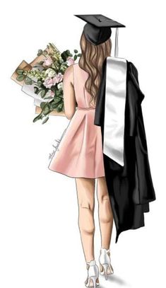 a woman in a graduation cap and gown holding flowers