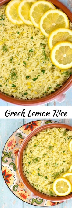 two pictures of lemon rice in a bowl with sliced lemons on the side