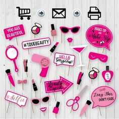 pink and black photo booth props on a white wooden background with text that says, you are beautiful