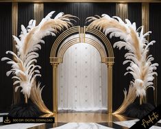 an art deco entrance with white and gold decorations