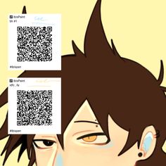 an anime character with brown hair and yellow eyes has two qr codes on his face