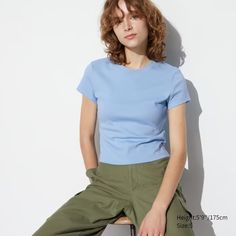 Mini Short Sleeve T-Shirt | UNIQLO US 90s Looks, Work Uniforms, Basic Shorts, Mini Short, Styling Ideas, Sleeves (women), Blue Tshirt, Knit Cotton, Haikyu!!