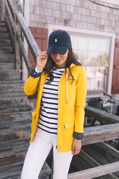 Nautical Style Women, Nautical Style, Nautical Outfit Women, Nautical Fashion Women, Yellow Rain Jacket, Stripy Tops, Ralph Lauren Womens Clothing, Rainy Day Fashion