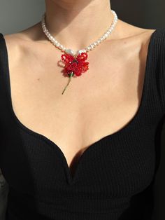 Baroque pearl necklace with red rose beaded flower. Delicately made by hand. Flower pendant hand made with faceted swarovski and Czech beads.  Pendant height: 6 cm / 2.36 inches. Pendant width: 3.5 cm / 1.37 inches. Freshwater and baroque pearls. Necklace length: 39 cm / 15.35 inches + 3 cm / 1.18 inches extension chain. Golden stainless steel lobster claw closure. Packaging I wish that the opening of your parcel became a real moment of pleasure for you so I take care to pack each order thorough Red Beaded Flower Shaped Jewelry, Red Pearl Necklaces For Valentine's Day, Pearl Beaded Flower Necklace For Gift, Red Flower-shaped Beaded Necklaces For Gifts, Red Flower-shaped Beaded Necklace For Gift, Elegant Red Flower Charm Necklace, Elegant Red Flower Necklace With Charm, Baroque Pearls Necklace, Hand Flower