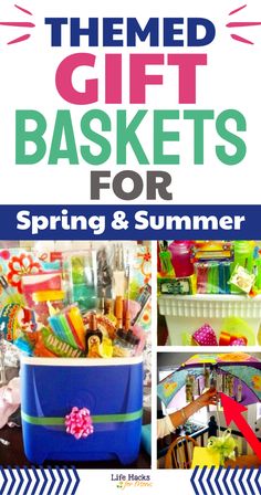 the gift baskets for spring and summer are organized with colorful ribbons, bows, and other items