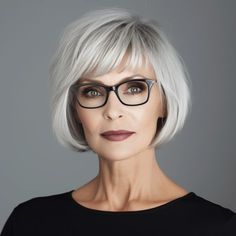 Short Bob Hairstyles With Bangs Over 50 Glasses Gray Hair, Bobs With Bangs And Glasses, Bob With Bangs And Glasses, Bangs For Older Women With Glasses, Hairstyles For People With Glasses, Bob Hairstyles With Glasses, Gray Bob Hairstyles Over 50, Fringe Bob Haircut, 60 Year Old Hairstyles