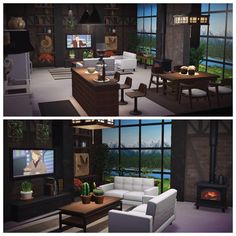 two pictures of a living room with couches, tables and televisions in it