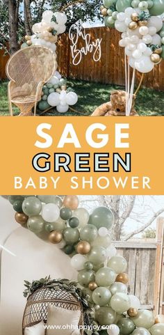 a baby shower with balloons and greenery