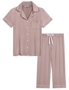 PRICES MAY VARY. 🌙Super soft pajama set for women comprise 95% viscose made from bamboo and 5% spandex. Lightweight, silky,and durable, you can hardly feel its existence while wearing. Cool and breathable material is perfect for hot weather, definitely essentials to people who have night sweats. 🌙Short sleeve pj top features notch collar, full button down and front pocket. It will keep you warm in the winter and cool in the summer. Skin-friendly, do not ball. 🌙Capri pajama pants features elas Boyfriend Top, Bamboo Pajamas, Soft Pajamas, Uk Clothing, Sleepwear Sets, Notch Collar, Pajamas Set, Pajama Bottoms, Short Pajama Set