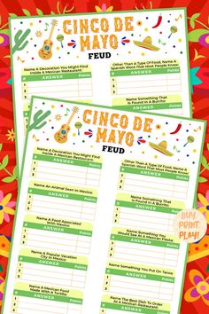 Cinco De Mayo Family Feud Printable Fiesta Theme Games For Adults, Adult Cinco De Mayo Party Games, Cinco De Mayo Games For Adults, Fiesta Party Games, Mexican Party Games, Printable Games For Adults, Fiesta Games, May Holidays, Taco Bar Party