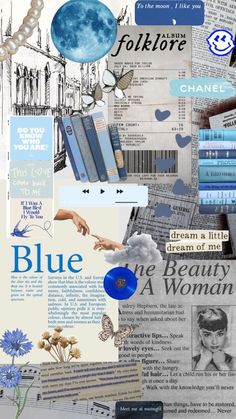 the collage is made up of many different images and words, including one blue