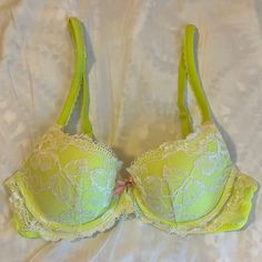 Never Worn. New Condition Yellow Fitted Bra For Spring, Fitted Yellow Bra For Spring, Victoria's Secret Green Bra For Spring, Victoria's Secret Green Lace Trim Bra, Spring Green Bra With Lace Trim, Yellow Fitted Underwire Bra, Green Lace Trim Bra For Spring, Lace Bra, Green Yellow