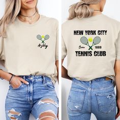 a woman wearing a new york city tennis club t - shirt