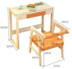 the wooden table and chair are measurements for each child's size, including height