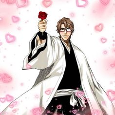 an anime character holding a rose in his hand