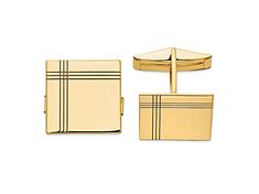 14k yellow gold men's square cuff links with grooved textured and polished finish. Measures approximately 11/16"L x 5/8"W. Modern Yellow Gold Cufflinks For Formal Wear, Modern Gold Cufflinks For Formal Occasions, Modern Gold Cufflinks For Formal Wear, Contemporary Rectangular Jewelry For Formal Occasions, Contemporary Formal Jewelry With Rectangular Shape, Contemporary Formal Rectangular Jewelry, 14k Yellow Gold Cufflinks With Polished Finish, Modern Rectangular Cufflinks For Business, Modern Yellow Gold Formal Cufflinks