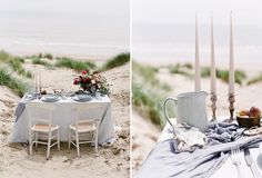 a table is set up on the beach for dinner