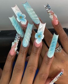 Curvy Nails, Aqua Nails, Hard Nails, Colored Acrylic Nails, French Acrylic Nails, Dope Nail Designs, Long Acrylic Nails Coffin, Exotic Nails, Acrylic Nails Coffin Pink