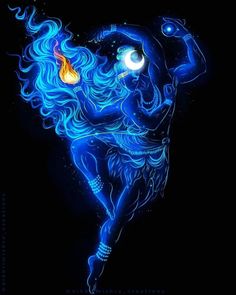 an artistic painting of a woman with blue hair and glowing eyes, dancing in the dark