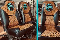 the seats are decorated with gold and blue designs on black leather, while the rest of the seat is covered in intricate embellishments