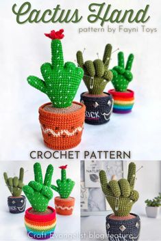 crochet cactus plant is shown in three different colors and sizes, with the words cactus hand written on it