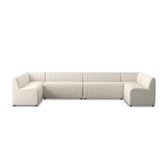 a white sectional sofa with two seats and one end facing the camera, on a white background